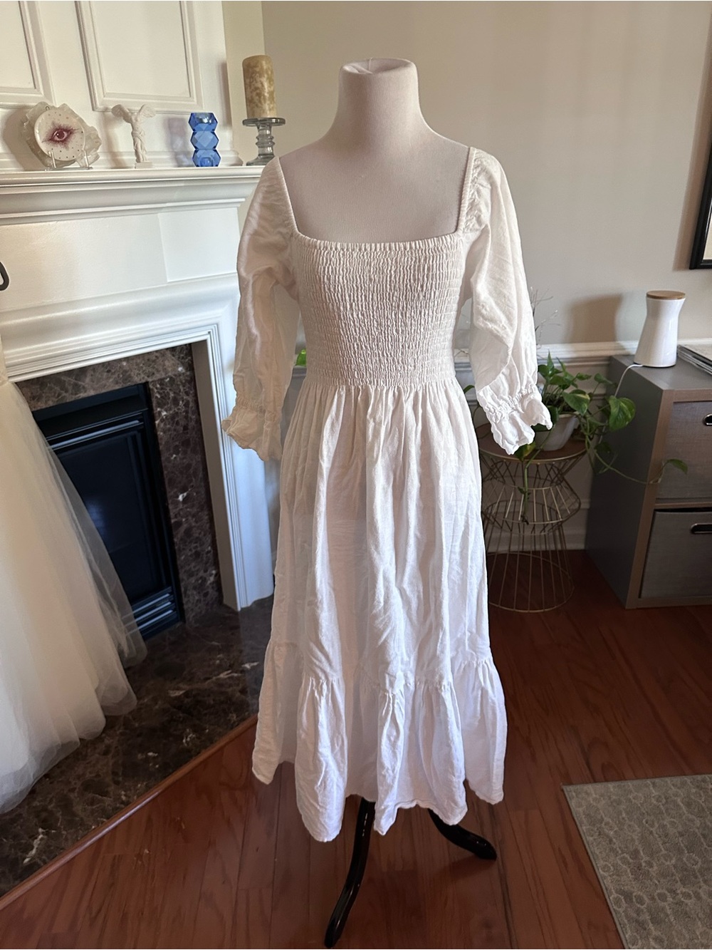 White Smocked linen Square-Neck Midi Romanic Vintage Dress